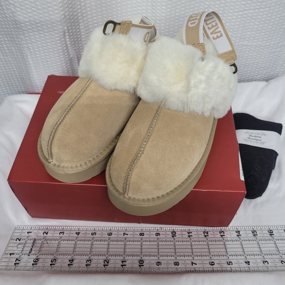 EVELLYHOOTD Suede Platform Slippers Faux Fur Slides Tan 2411 Mens 10 Womens 11.5